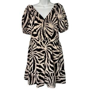 Good Journey Cream Black Zebra Tiered Puff Short Sleeve Mini Dress sz 16 NEW Tag
